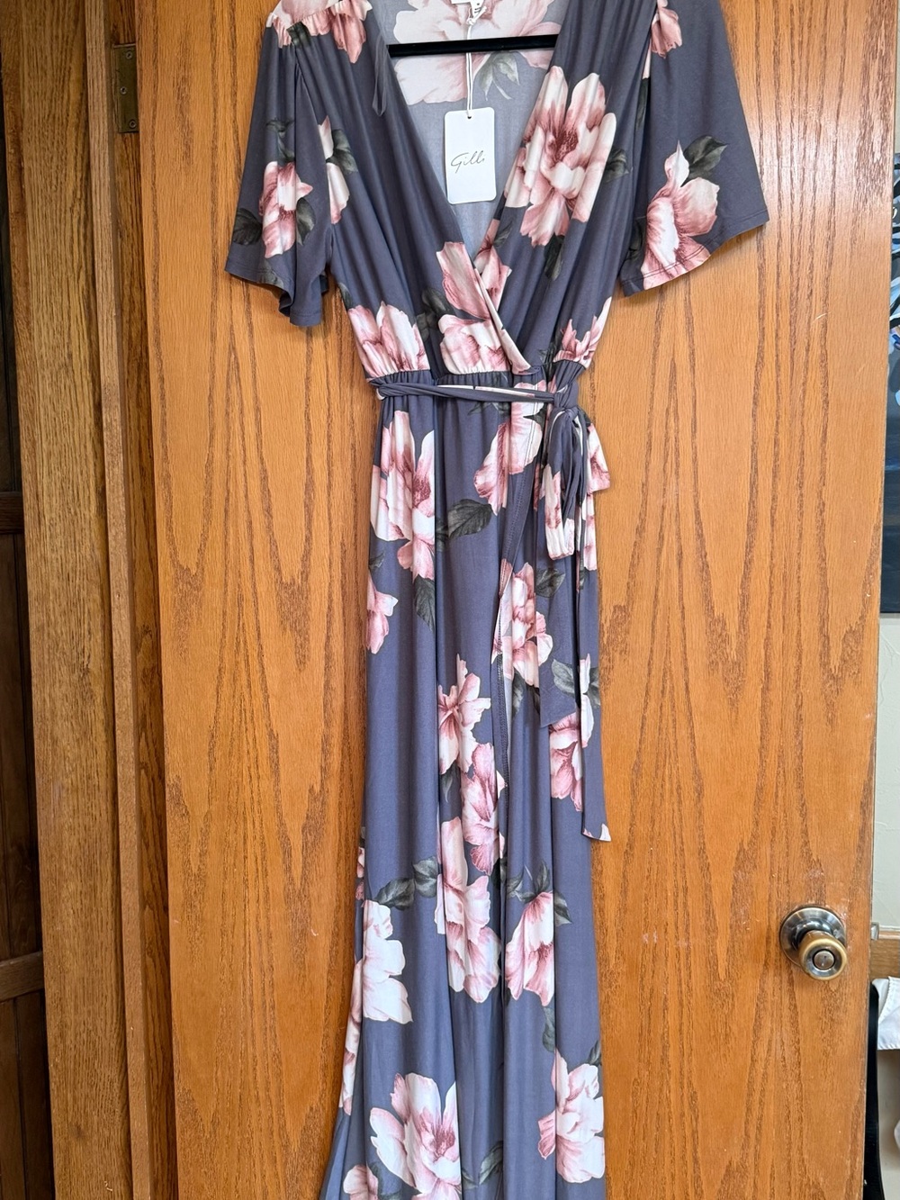 Gilli Gray Maxi Wrap Dress with Pink Floral Print
